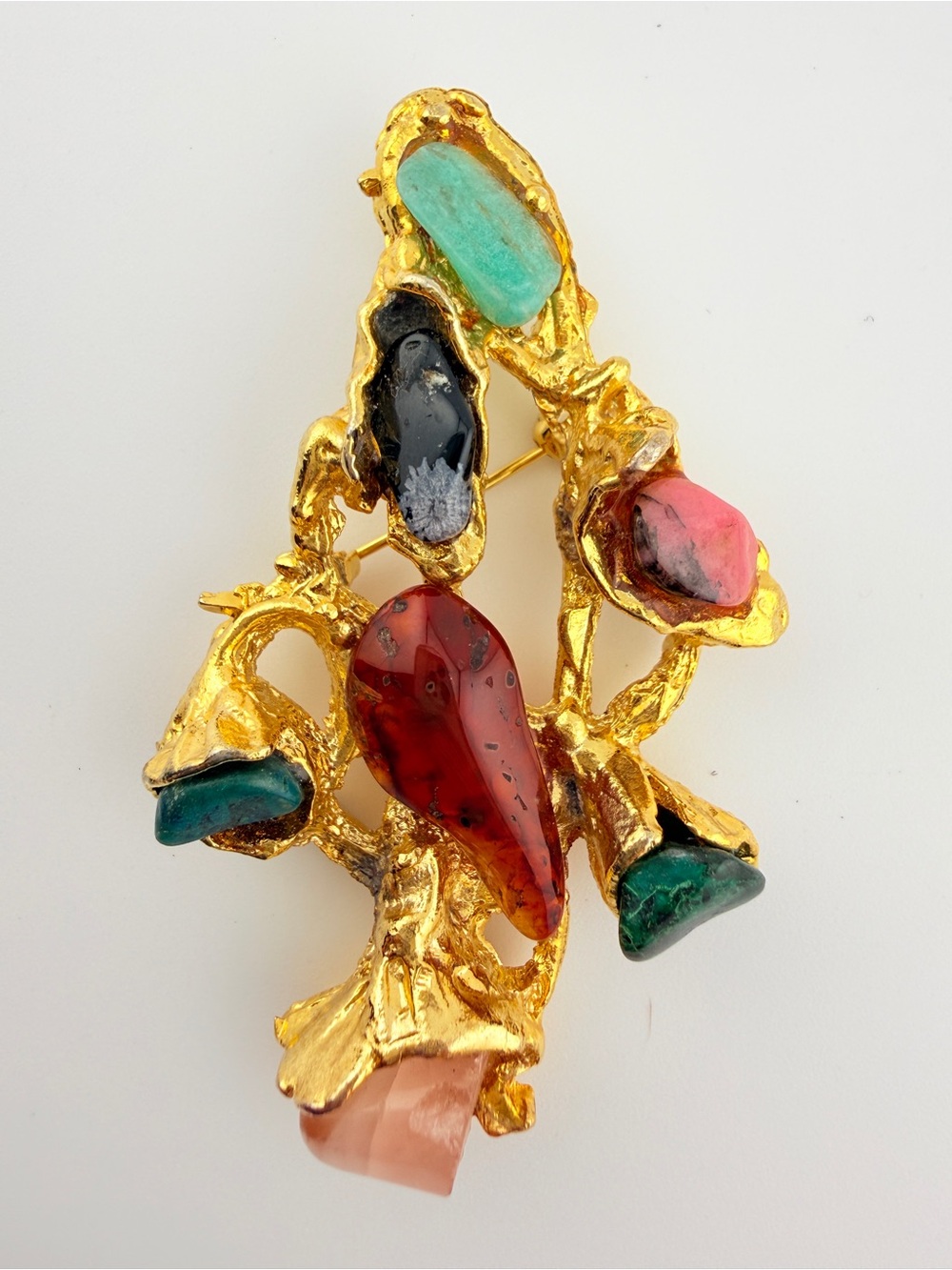 Vintage Mid-Century Brutalist Gold Tree Brooch / Pendent with Multi-Color Stones